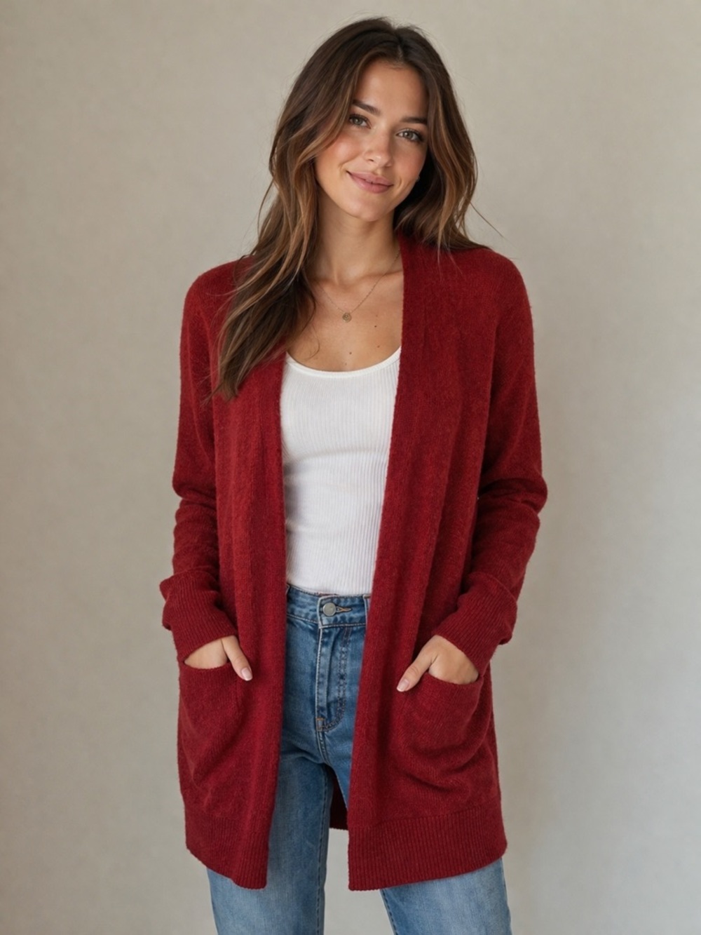a new day Open-Front Cardigan in Brick Red